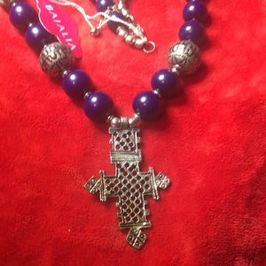 Silver Cross & blue beads necklace. NWOT